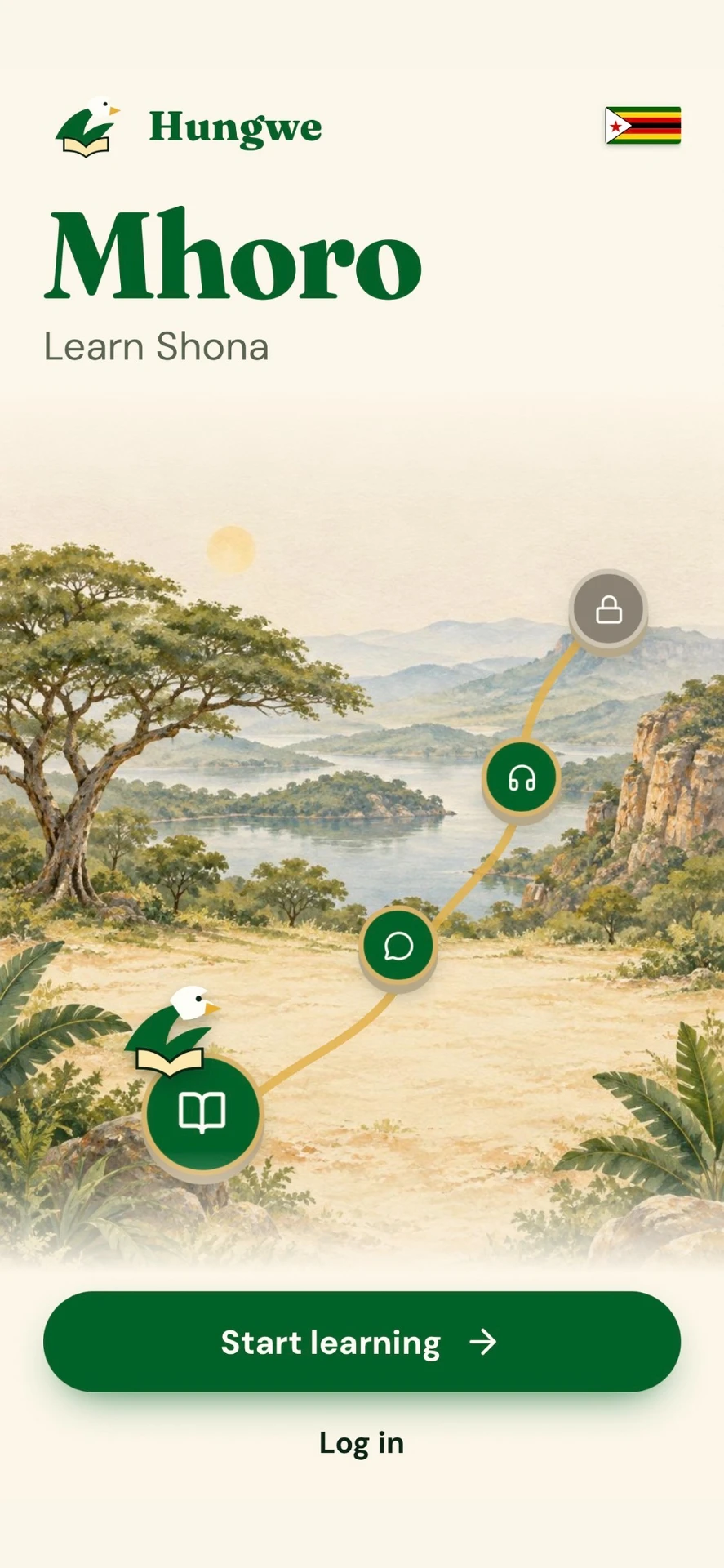 Hungwe welcome screen: Mhoro, Learn Shona
